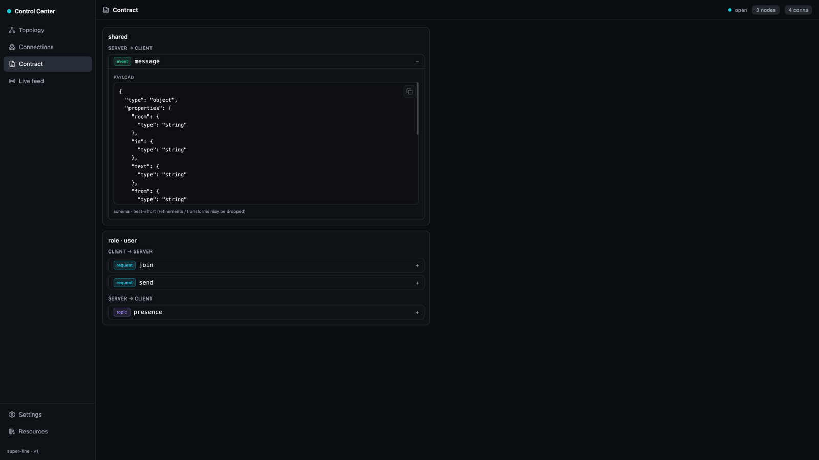 Control Center contract view — shared and per-role messages grouped by direction, each with a flavor badge and an expandable JSON Schema payload