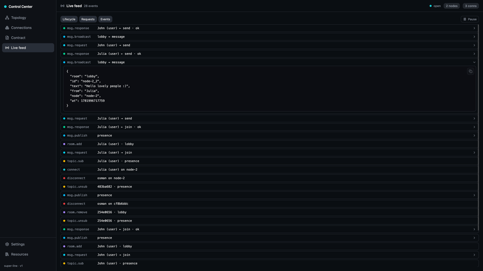 Control Center live feed with a broadcast row expanded to show its JSON payload