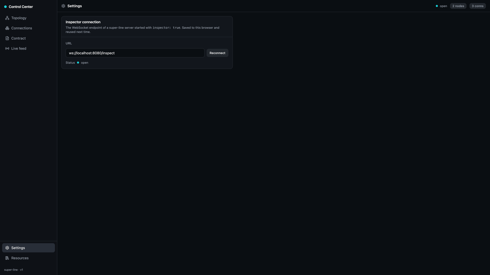 Control Center settings — the inspector connection panel with a WebSocket URL field, reconnect button, and live status indicator