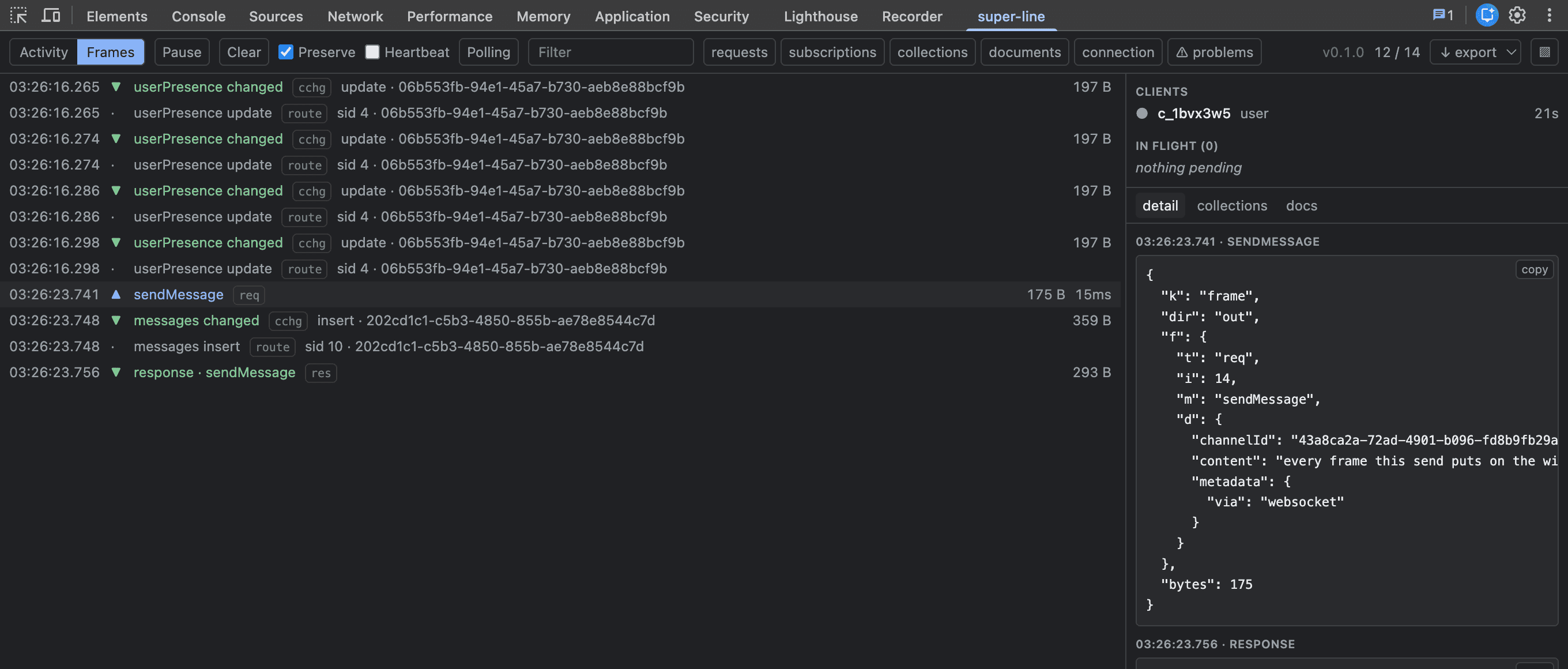 The panel in Frames mode — the sendMessage request, the row-change frame, its routing decision, and the response each on their own line, with the selected frame's JSON in the inspector